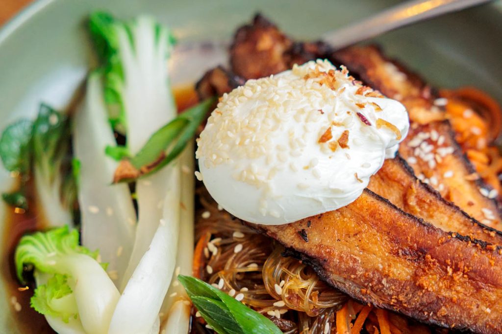 pork ramen egg with in-house smoked pork and gluten free noodles in manly, brisbane